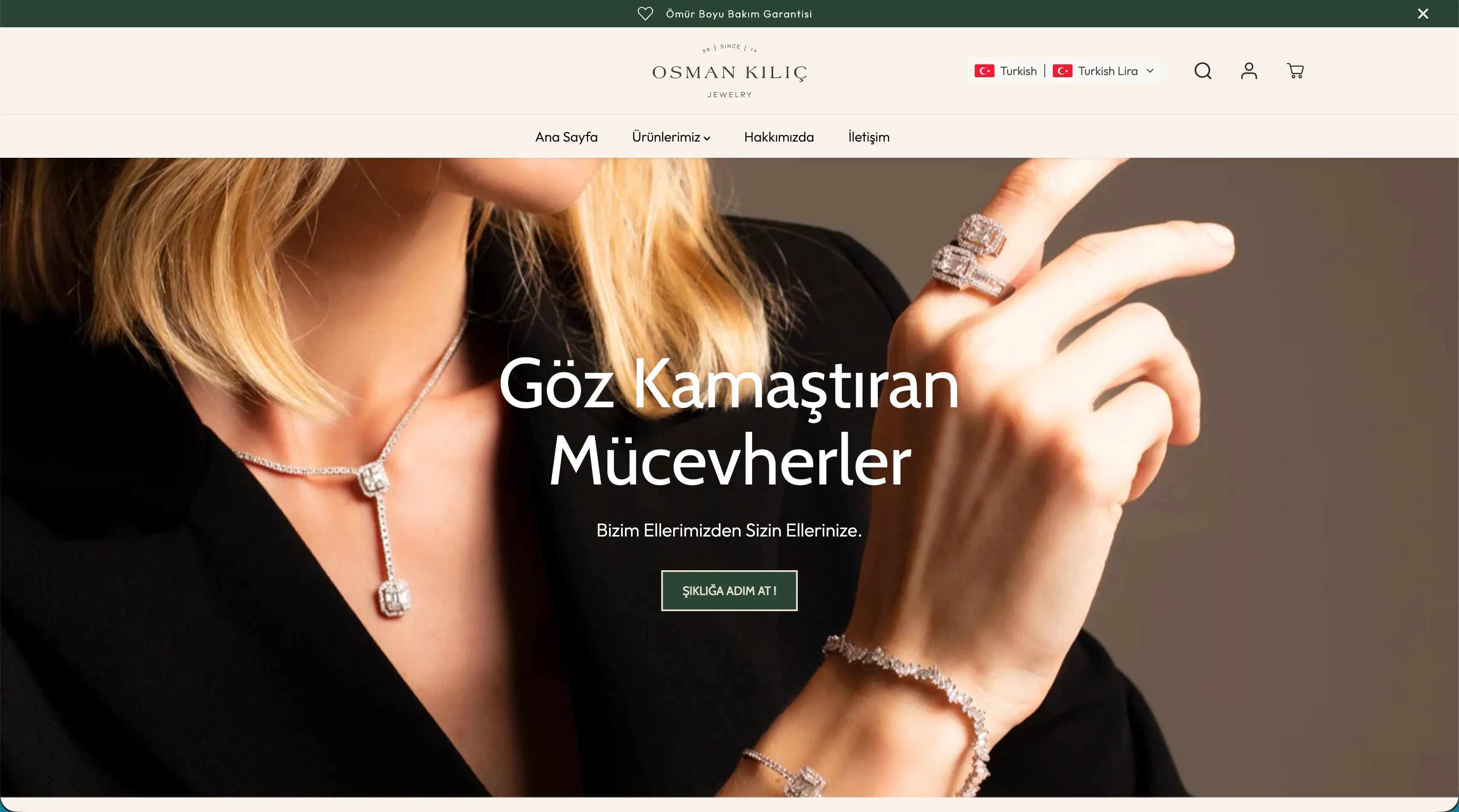 Osman Kılıç Jewelry — pırlanta takılarla kurulmuş ana sayfa vitrini